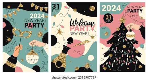 Set of vector banners for happy 2024 New Year party. Isolated flyer for winter holiday night celebration with carnival mask and champagne. Invitational sign for wintertime festive. Club invite clipart