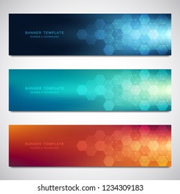 Set of vector banners and headers for site with medical background and hexagons pattern. Abstract geometric texture. Modern design for decoration website and other ideas