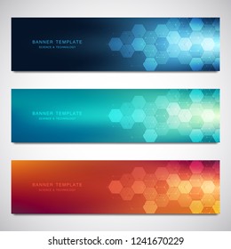 Set of vector banners and headers for site with medical background and hexagons pattern. Abstract geometric texture. Modern design for decoration website and other ideas