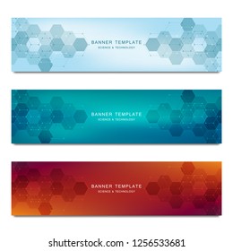 Set of vector banners and headers for site with medical background and hexagons pattern. Abstract geometric texture. Modern design for decoration website and other ideas
