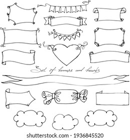 set of vector banners and hearts, black and white hand drawing