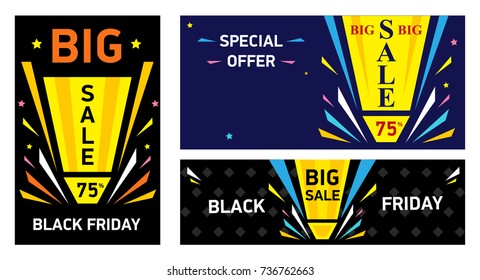 Set vector banners Horizontal and vertical. Bright banners on black and dark blue background. Black Friday Big Sale. Sale discount up to 75%. 