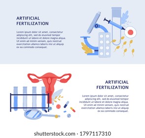 Set of vector сoncept banners illustrating artificial fertilization. Laboratory in vitro fertilization of eggs. Medical examination and treatment of the female reproductive system