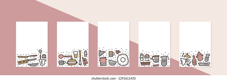 Set of vector banners with kitchen equipments in doodle style. Collection of templates with  dishes and tools objects.