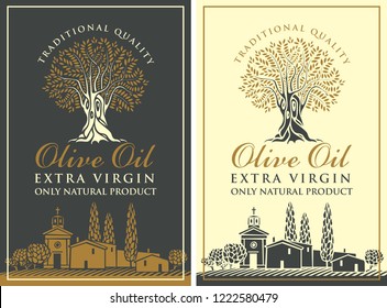 Set of vector banners or labels for extra virgin olive oil with olive tree, calligraphic inscription and with Italian countryside landscape in retro style.