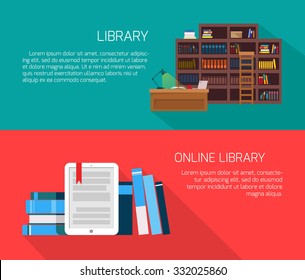 Set of vector banners. Library and on-line library. 