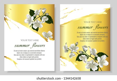 Set of Vector banners with Luxurious jasmine flowers on gold background. Template for greeting cards, wedding decorations, invitation, sales, packaging. Spring or summer design. Floral poster, invite.