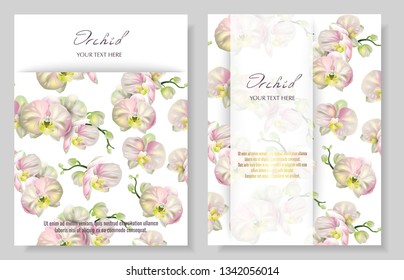 Set of Vector banners with Luxurious orchid flowers on white background. Template for greeting cards, wedding decorations, invitation, sales, packaging. Spring or summer design. Place for text.