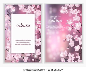 Set of Vector banners with Luxurious sakura flowers. Template for greeting cards, wedding decorations, invitation, sales, packaging. Spring or summer design. Floral poster, invite.