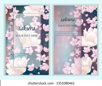 Set of Vector banners with Luxurious sakura and tulip flowers. Template for greeting cards, wedding decorations, invitation, sales, packaging. Spring or summer design. Floral poster, invite.