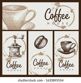 Set of vector banners on the theme of coffee house with hand-drawn sketches and inscriptions with coffee spots. Template for label, badge, flyer, business card, menu, package, design element