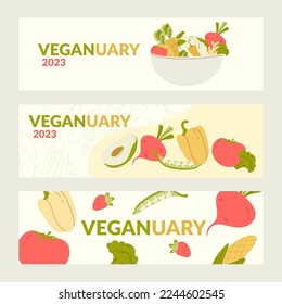 Set of vector banners on the theme - Veganuary 2023. Reduce your consumption of animal products. Changing eating habits to a vegan diet, vegan month promotional poster.