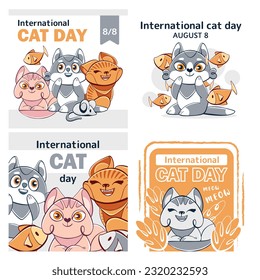 Set of vector banners on the theme of the International Cat Day in cartoon style.