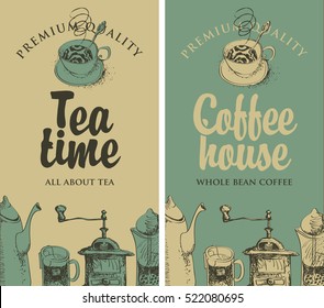 set of vector banners on the theme of tea and coffee with pictures of kitchen equipment