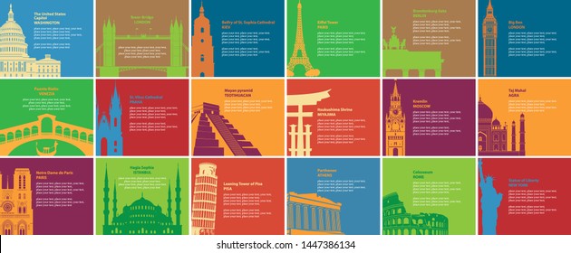 Set of vector banners on the travel theme with different historical sites. Europe, Asia, America. Tourist attractions of the different countries. Bright cards with famous landmarks in flat style