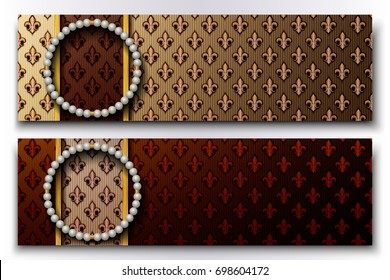 Set of vector banners with pearl necklace on royal background.