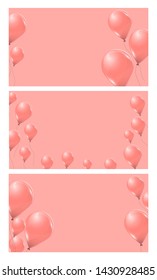 Set of vector banners with pink helium balloons on pink background. Flying latex 3d ballons. 