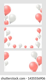 Set of vector banners with pink and white helium balloons on white background. Flying latex 3d balloons. 