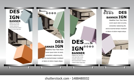 Set of vector banners with place for photo. Roll up banner stand brochure flyer vertical template design.
