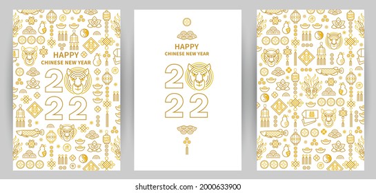 Set with vector banners, posters, cards, logo element, line art gold illustration of the Tiger Zodiac sign, Symbol of 2022 on the Chinese Lunar calendar, isolated. Blue Water Tiger, Chine Calendar.