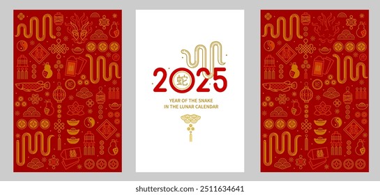 Set of vector banners, posters, cards with line art illustration of the Snake Zodiac sign, Symbol of 2025 in Chinese Lunar calendar. Line art China design. Chinese snake illustration. Translate: snake