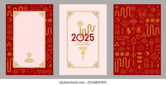 Set of vector banners, posters, cards with line art illustration of Snake Zodiac sign, Symbol of 2025 in the Chinese Lunar calendar. Line art China design. Chinese snake illustration. Translate: snake