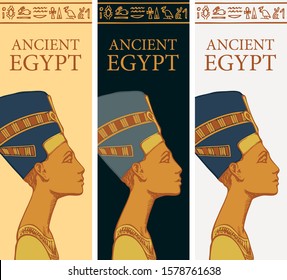 Set of vector banners with profile of Nefertiti and Egyptian hieroglyphs. Queen of ancient Egypt. Wife of Egyptian pharaoh. Advertising poster or flyer for travel agency with words Ancient Egypt