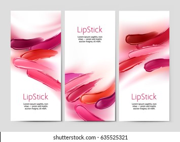 Set vector banners in realistic style with lipstick smear samples. Excellent advertising posters for promoting of makeup premium product