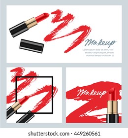 Set of vector banners with red lipstick and lipstick smears isolated on white background. Vector beauty and makeup backgrounds. Design concept for makeup cosmetics label, flyer, gift card.