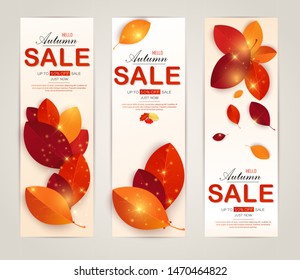 Set vector banners with red, orange, brown and yellow autumn leaves.