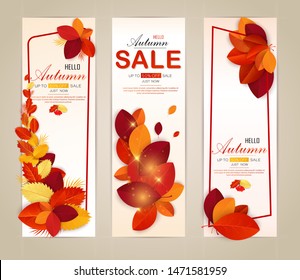 Set vector banners with red, orange, brown and yellow autumn leaves.
