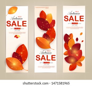 Set vector banners with red, orange, brown and yellow autumn leaves.