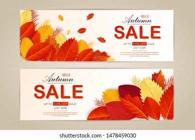 Set vector banners with red, orange, brown and yellow autumn leaves.