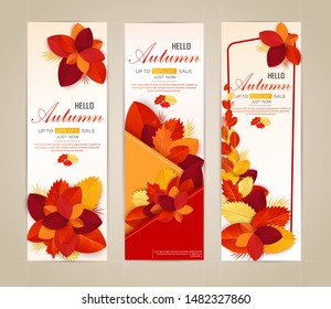 Set vector banners with red, orange, brown and yellow autumn leaves.