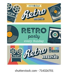 Set of vector banners. Retro music, retro party. Illustration reel to reel tape recorder, turntable for vinyl, a tape cassette in a retro style.