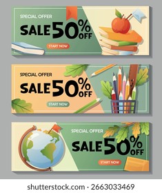 Conjunto de Anuncios de Vector para promociones escolares con pila de libros, manzana, lápices, globo terráqueo y hojas de otoño. Incluye 50 por ciento de descuento en la oferta
