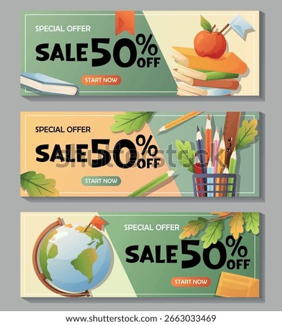 Set of vector banners for school promotions with stack of books, apple, pencils, globe and autumn leaves. Includes 50 percent off offer
