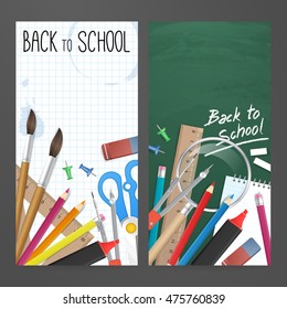 Set vector banners with school supplies as pencil, ruler, brush, chalkboard for website or print design. Isolated from background.