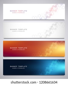 Set of vector banners for science and digital technology. Geometric abstract background with hexagons design. Molecular structure and chemical compounds