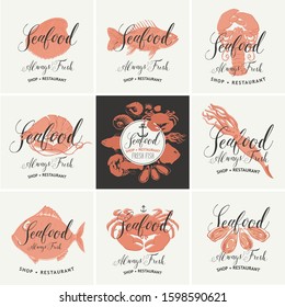 Set of vector banners for seafood shop or restaurant. Drawings of fishes, crustaceans, mussels and other sea inhabitants with handwritten inscriptions. Always fresh seafood.