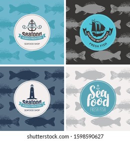 Set of vector banners for seafood shop and restaurant with emblems on the background of seamless pattern with fishes in retro style.