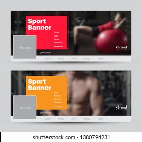 Set of vector banners for social networks with a place for a photo and a color square for the heading. Templates of standard size. Sports theme