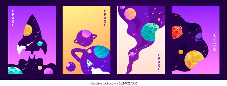 conjunto de bandeiras vetoriais. viagem espacial. universo. modelos coloridos para capas, folhetos, cartazes.