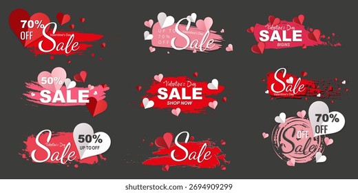 Un conjunto de Anuncios de Vector y pegatinas para una venta de San Valentín. Elementos rojos y rosados, corazones, pinceladas y descuentos. Perfecto para publicidad, Diseño web, redes sociales e impresión. Vector.