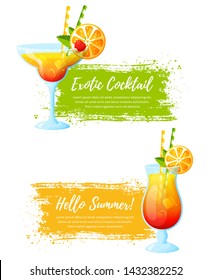 Set of vector banners with summer tropical cocktails. Paint brush strokes with place for text. Colorful modern illustrations isolated on a white background.