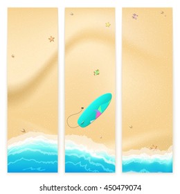 Set of vector banners with sunny sandy beach with turquoise sea tide, surfing board. Summer travel background, promotional poster for your business