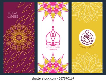Set of vector banners template for for yoga class. Abstract outline illustration of person in lotus pose. Mandala ornament background. Design concept for flyers, backgrounds, brochure, gift voucher.
