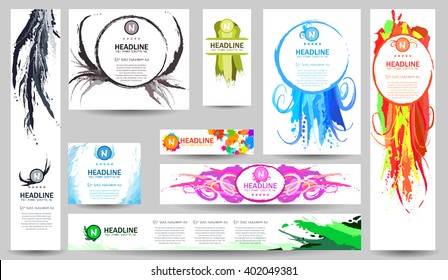 Set of Vector Banners Templates with Watercolor Paint Splash. Flat Style Web and Info graphic Icons. Abstract  Wash Drawing Background for Business Card, Posters Placards. Marine Underwater patterns.