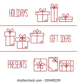 Set of vector banners with thin line icons of gift boxes. Concept for gift wrapping, cards, celebrations logo.