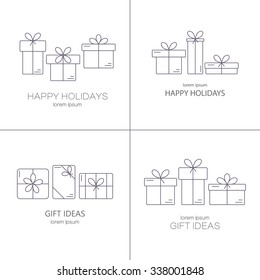 Set of vector banners with thin line icons of gift boxes. Concept for gift wrapping, cards, celebrations logo.